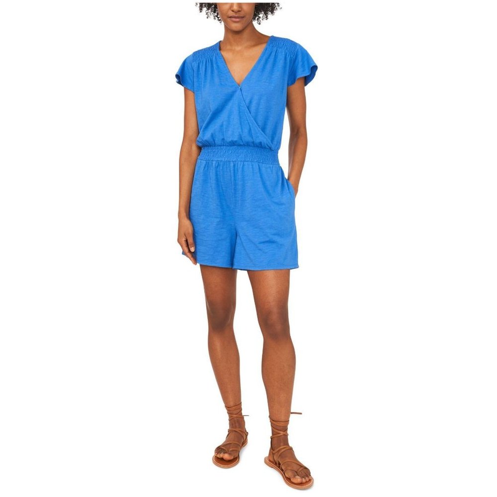 Riley & Rae Pocketed Smocked Flutter Sleeve Surplice Neckline Romper -Blue XS